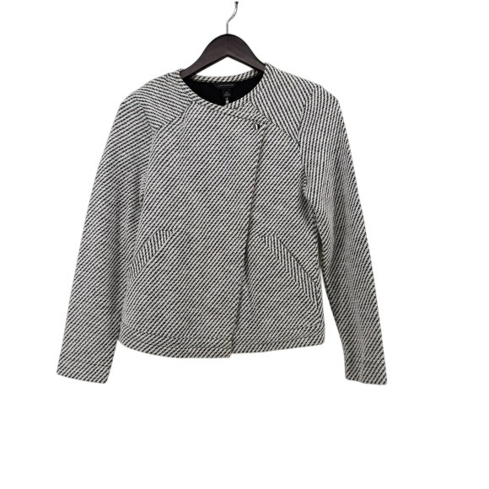Ann Taylor XS Black White Textured Knit Asymmetric Zip Moto Jacket Blazer Office